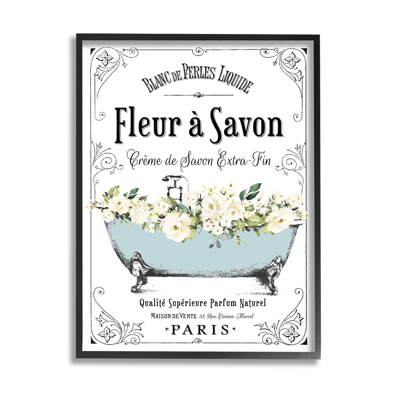 Stupell Industries Vintage Parisian Bathroom Advertisement Floral Blue Tub Framed Wall Art
